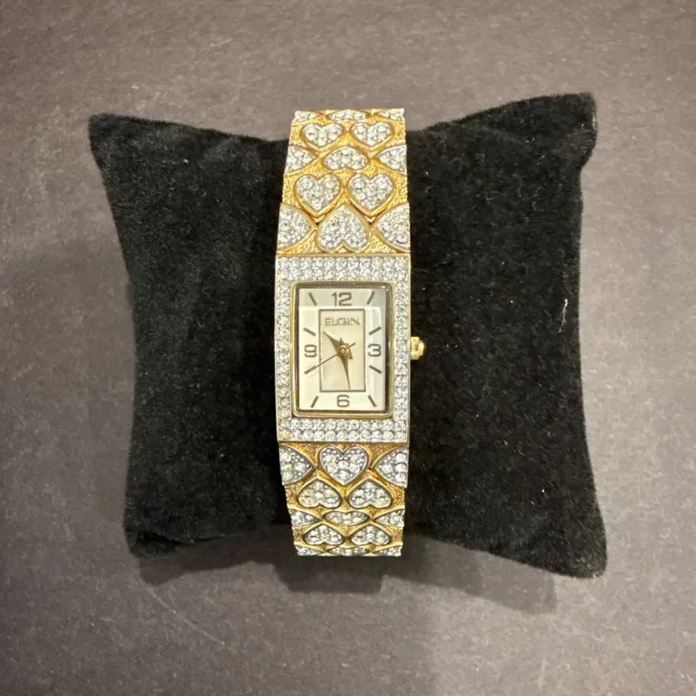 VTG Elgin Rhinestone Heart Bracelet Watch Gold Tone Cocktail w Box